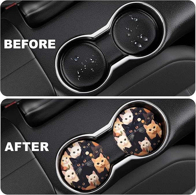 2 Pack Car Cup Holder Coaster, 2.63 inch Anti Slip Insert Absorbent Ceramic Car Coaster with Cork Base and Finger Notch, Cute Car Accessories Interior for Women, Cute Car Coasters., Cats