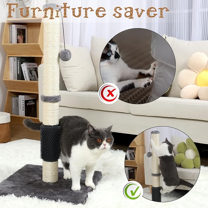 ANWA Tall Cat Scratching Posts for Indoor Cats and Kittens, 32” Vertical Scratching Post with Reinforced Base, Premium Sisal Cat Scratching Post with Dangling Plush Ball and Self-Grooming Brush