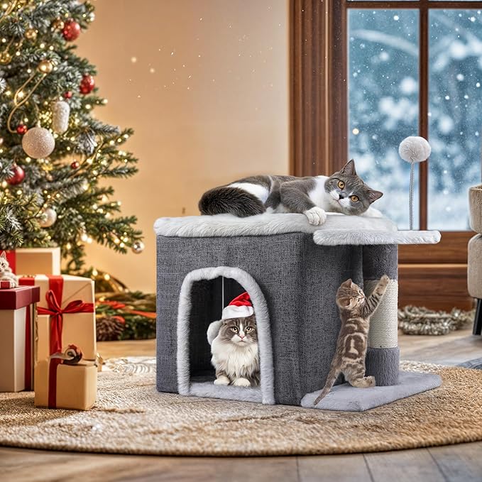 YITAHOME Cat Bed for Indoor Cats Cube House, Covered Cat House with Fluffy Ball Hanging and Nature Sisal Post,Cat Cave Bed Playhouse, Cute Cat Condo for Multi Small Pet Kitten, Grey