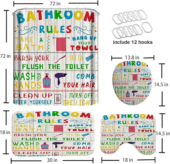 4 Pcs Kids Shower Curtain Sets with Non-Slip Rugs, Funny Teen Boy Girl with Inspirational Text, Cute Colorful Bathroom Rules Fabric Shower Curtain Restroom Bathtub Decor Accessories 72X 72in