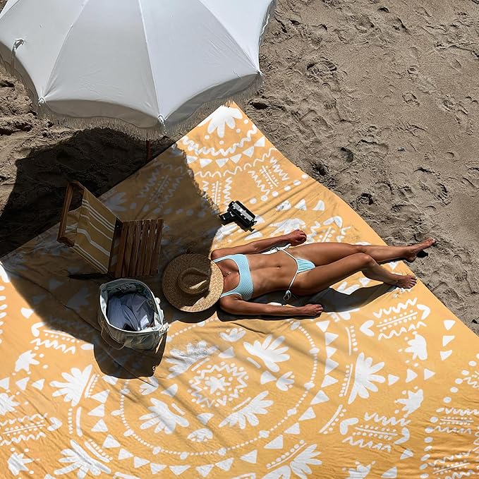 110''×118'' Extra Large Sandproof Beach Blanket 4-8 Adults, Waterproof Foldable Picnic Blankets with 4 Stakes & 4 Pockets, Lightweight Boho Outdoor Beach Mat for Travel, Camping, Hiking