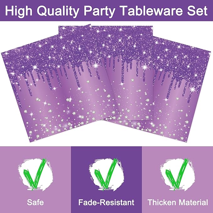 96 Pcs Purple Silver Plates and Napkins Party Supplies, Disposable Forks Paper Dessert Tableware Glitter Decorations Birthday Table Dinnerware Favors Set, Serves 24