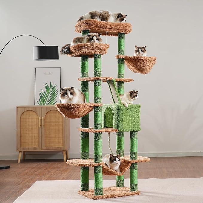 Heybly Cat Tree, 68 inch Multi-Level Cat Tower for Indoor Cats, 2 Widened Plush Perches Cat Condo with Scratching Board and Big Caves, HCT025CA