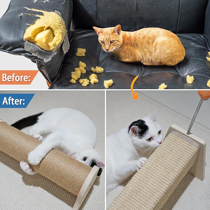 PETKARAY Horizontal Scratching Post, 30" Sisal Cat Scratch Post, Large Cat Scratcher with Spring Toy, Protect Furniture for Indoor Kitten