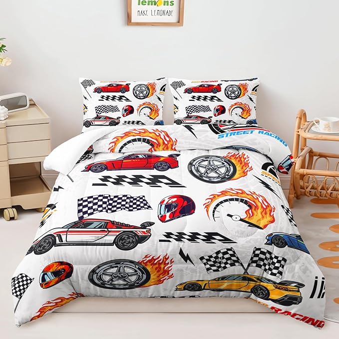 AILONEN Kids Racing Car Comforter Set Twin Size,Vehicles Construction Truck Bedding Set for Boys Teen,3 Piece Soft Duvet with 2 Pillowcases