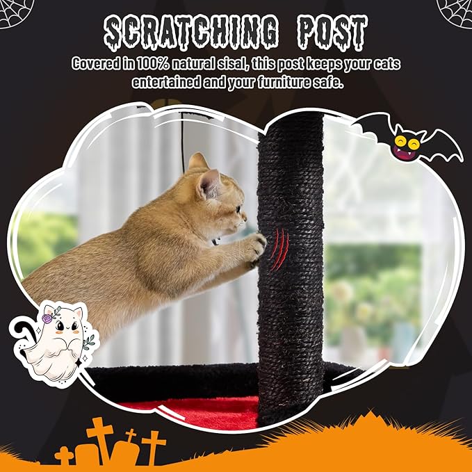 Erinnyees Gothic Cat Tree, Black Cat Tower for Indoor Cats, 33.5" Cat Condo with Scratching Post, Coffin Cat Bed, Small Goth Cat Tree with Spooky Ball for Kittens