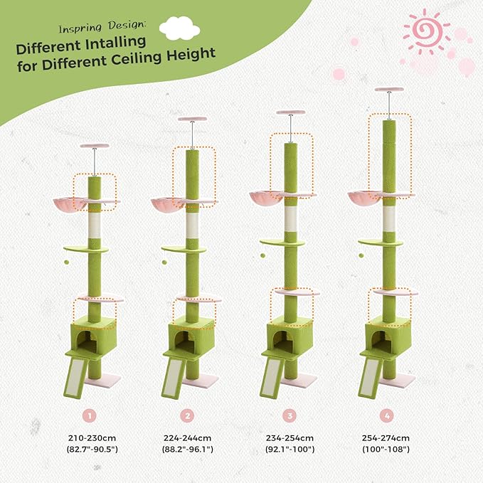 PETEPELA Floor to Ceiling Cat Tree, Cat Tower 5 Tiers Tall (83-108 Inches) Adjustable Height, Cat Climbing Tree Featuring with Cat Condo, Cat Scratching Post and Cat Perches for Indoor Cats, Pink