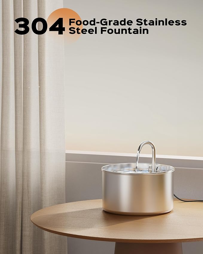 AOOGITF Cat Water Fountain + 6 Filters + 3 Sponges, 304 Stainless Steel Pet Water Fountain, 24 Hours Keep The Water Clean, 74oz Capacity, Ultra-Quiet, No Sputter, Compact, Easy Cleaning
