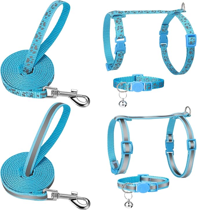 2 Pack Reflective Cat Harness and Leash Breakaway Cat Collars with Bells Escape Proof Cat Kitten Harness Adjustable for Small Medium Cats, Blue