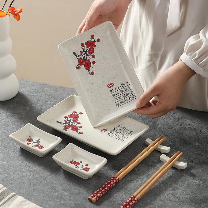 8 pcs Japanese Sushi Plate Sets Serving Platters and Trays for Entertaining Sushi Dishes Set Plates Sushi Plates Traditional Cuisine Dinnerware Sets with Chopsticks Red Plum Blossom
