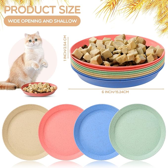 8 Pcs Whisker Fatigue Cat Bowls, 6 Inch Shallow Cat Food Dish Wide Cat Feeding Bowls, Wheat Straw Pet Plate for Kittens and Short Legged Cat