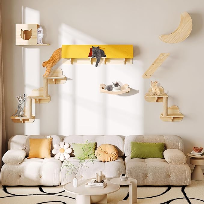 DWVO Cat Wall Shelves and Perches for Wall, Solid Wood Wall Mounted Cat Furniture, Set of 13 Cat Climbing Shelves with Moon Cat Wall House, Cat Wall Steps, Scratching Post, Hammock, Cat Tunnel