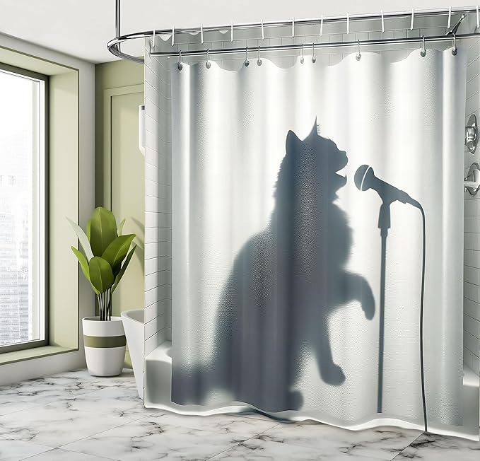 Ambesonne Cat Shower Curtain, Shadow of a Singing Kitty Funny Bath Time Musician Animal Humorous Joke, Cloth Fabric Bathroom Decor Set with Hooks, 69" W x 75" L, Dark Blue Grey Off White