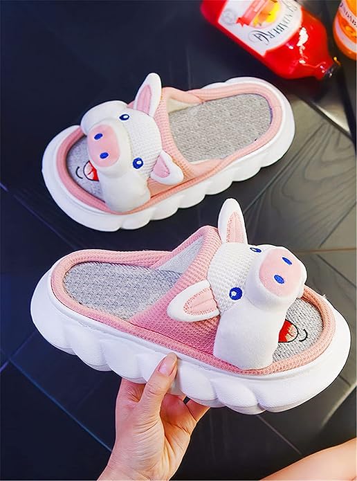 AZCHEN Women's Animal Cartoon Pig Slippers - Cute and Comfortable Linen Plush Slippers for Home