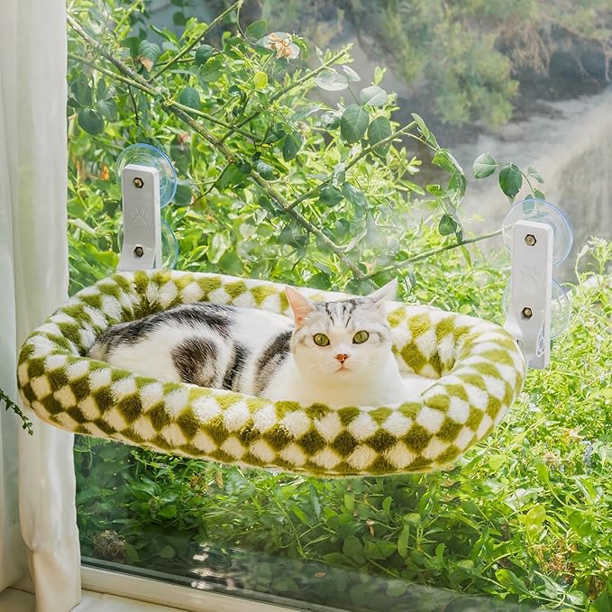 Mewoo Cat Window Perch, Cordless Cat Window Hammock with 4 Strong Suction Cups, Embeded Cat Hammock for Window, Steel Frame and Removable Soft Cover (Green, Medium)
