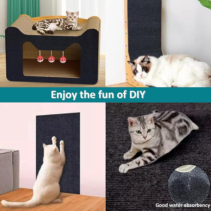 Cat Scratch Furniture Protector，78.7"x15.8"Cat Scratching Mat,Trimmable Self-Adhesive Cat Couch Protector,cat Wall Scratcher,Pad Replacement for Cat Tree Shelves and Post (Black)