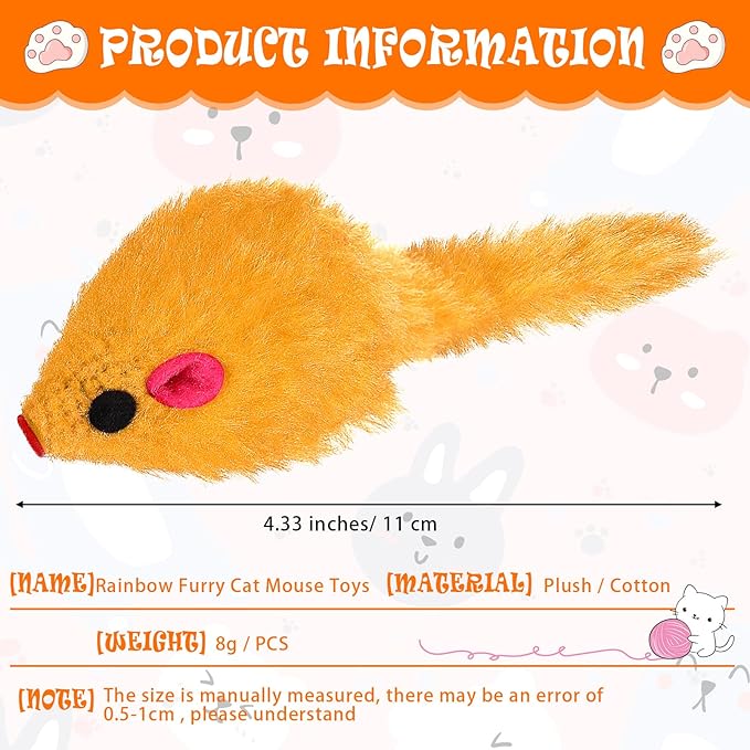 120 Pcs Rainbow Furry Cat Mouse Toys Interactive Rattle Cat Toy Mice Small Soft Rustle Sound Kitten Toys for Pets Cat Puppy Kittens Play, Assorted Colors