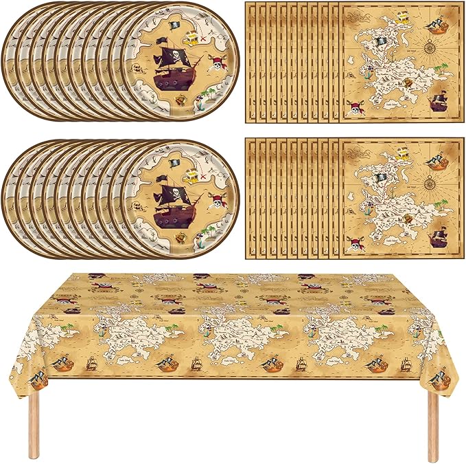 41 Pieces Pirate Party Tableware Set Pirate Birthday Party Decorations Includes Treasure Map Plates Nautical Napkins and Plastic Island Treasure Tablecloth for Treasure Theme Birthday Party Decoration