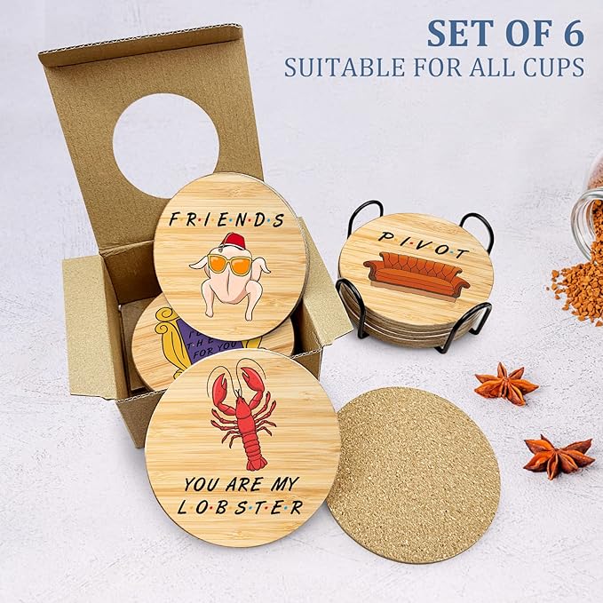 6 PCS Friends Cork Coasters for Drinks,Friends TV Show Merchandise,Funny Coasters Set with Coaster Holder for Coffee Table Tea Table bar,Friend TV Themed Gifts for Fans