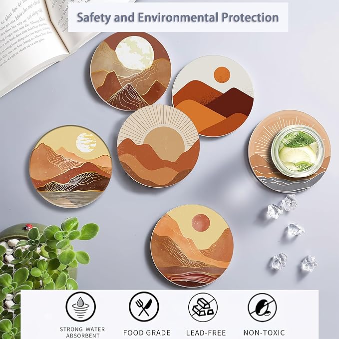 6 Pcs Coasters for Drinks with Holder, Boho Mountain Sun Absorbent Ceramic Coasters with Cork Base,Cute Funny Table Drinks Coasters Tabletop Protection Mat,Table Home Decor,4 Inches