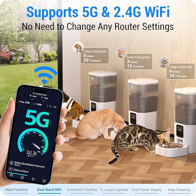 5G WiFi Automatic Cat Feeder with Wall Hook: Automatic Dog Feeder with 7L Large Food Storage Container, Cat Food Dispenser with Alexa for Multiple Pets, Detachable for Easy Clean -29 Cup