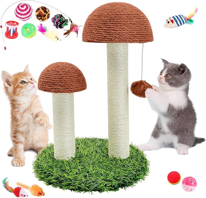 BNOSDM Mushroom Cat Scratching Post, Cat Scratcher with 2 Sisal Poles 12 Pcs Cat Toys and Hanging Ball, Pet Interactive Toy Scratch Post for Indoor Kitten Kitty Small Cats (Coffee)