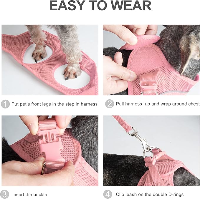 PetiFine Step in Small Dog Harness and Leash Set, Breathable All Weather Air Mesh Reflective Escape Proof, Step-in Vest Harnesses for Puppy(XS, Pink)
