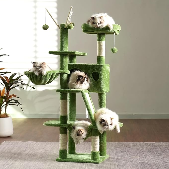 Hey-brother Cat Tree, 53 inch Cat Tower for Indoor Cats, Cat House with Padded Platform Bed, Toy Balls, Large Cozy Condo, Hammocks and Sisal Scratching Posts, Green MPJ019-SGR