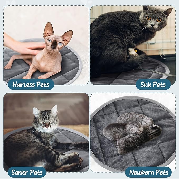2 Pcs Cat Heating Pad Round 16 Inch Self Heating Cat Mat Washable Heated Cat Bed Anti Slip Cat Warming Pad Pet Bed Mat for Kennel Dog Crate Indoor Outdoor(Gray,16 Inch)