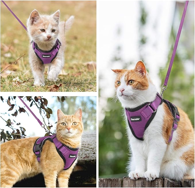 Dooradar Cat Harness and Leash Set, Escape Proof Safe Adjustable Kitten Vest Harnesses for Walking, Easy Control Soft Breathable Mesh Jacket with Reflective Strips for Cats, Purple, XS