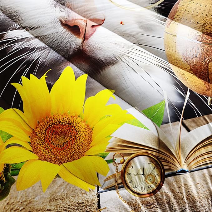 AILONEN Glasses Cat Print Bedding Set Twin Size with Sunflowers Vintage Items Books Comforter Set for Boys Girls,Retro Wooden Style Soft Breathable Duvet Set 3 Pieces, 1 Quilt and 2 Pillowcases