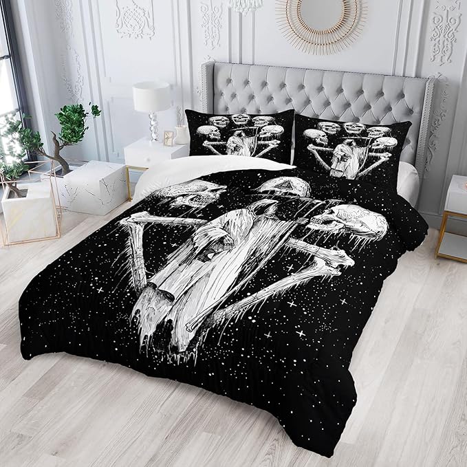 AILONEN Skull Comforter Set, Skull Bedding Set for Boys, Twin Size Skeleton Theme Quilted Duvet, 3 Piece Set (1 Comforter, 2 Pillowcases)