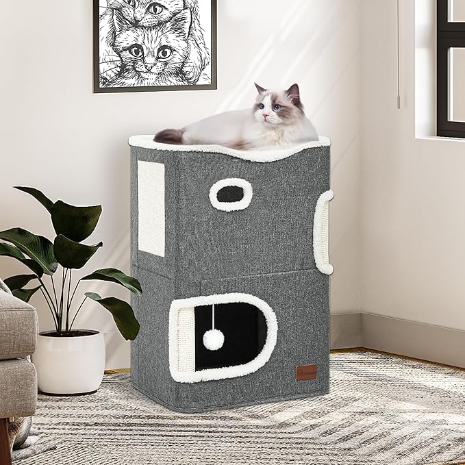 YIATHOME 2 Storey Cat House, Cat Beds for Indoor Cats, Small Cat Condo with Scratch Post and Hideaway Cave, Modern Cat Cube Playhouse for Multi Kittens, Classic Style, Grey