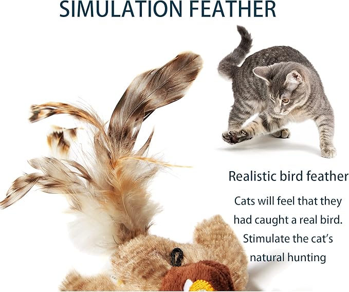 2 Pack Cat Toys Interactive for Indoor Cats Feather Squeaky Bird & Mouse Kitten Plush Toys, Three Dogs & A Cat Melody Chaser Motion Activated Kitty Toys with Bird Chirping