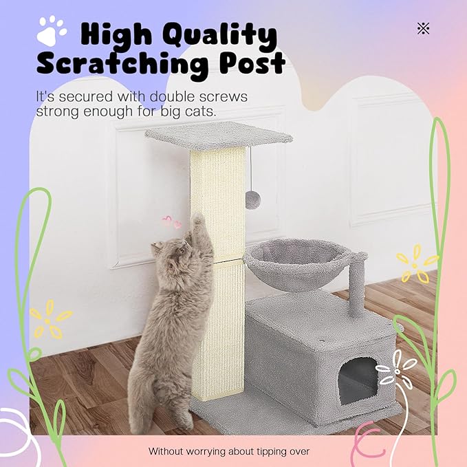 Small Cat Tree, 31 Inches Tall Cat Scratching Post with Perch & Condo & Hammock, Natural Woven Sisal Cat Post Sctacher, Kitten Scratching Posts for Indoor Cats, Cat Scratch Tower, Gray