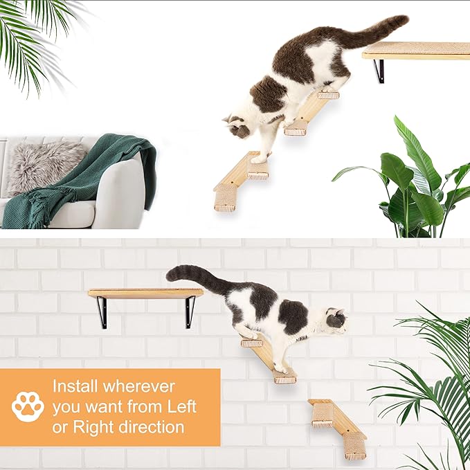 Cat Climbing Stair Shelf Wall Mounted Reversible Left & Right Direction, Cat Stairway Shelf for Climbing with Sisal Rope Ladder Cat Wall Furniture