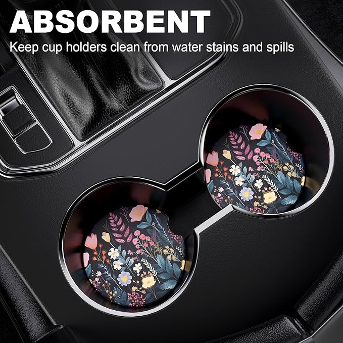 2 Pack Car Cup Holder Coasters, 2.63 Inch Anti Slip Ceramic Absorbent Coaster with Cork Base and Finger Notch, Cute Car Accessories Interior for Women