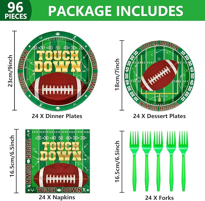 96PCS Football Party Decorations Tailgate Tableware Set Touchdown Theme Paper Plates Football Sports Game Plates Napkins Dinnerware for Touchdown Gameday Party Supplies, Serves 24