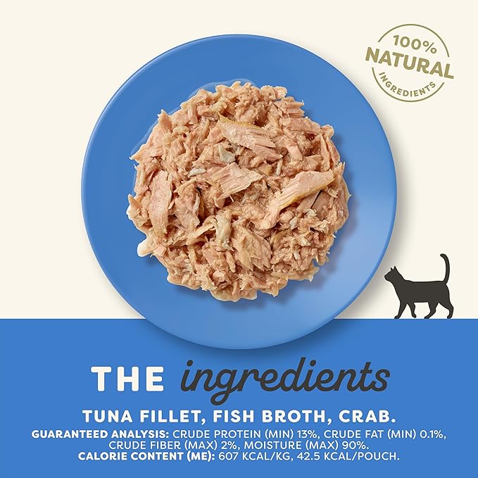 Applaws Natural Wet Cat Food in Broth, Limited Ingredient Wet Cat Food Pouches, No Additives, Made with Natural Ingredients, Tuna with Crab in Broth (12 x 2.47oz Pouches)