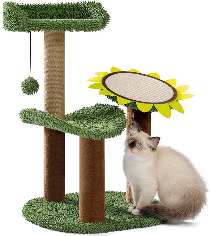 Made4Pets Cactus Cat Tree, Green Cat Tower with Plush Perch for Small Indoor Kittens, Cat Scratcher with 2 Levels Platform for Kitty, Sunflower Scratching Pad and Sisal Post
