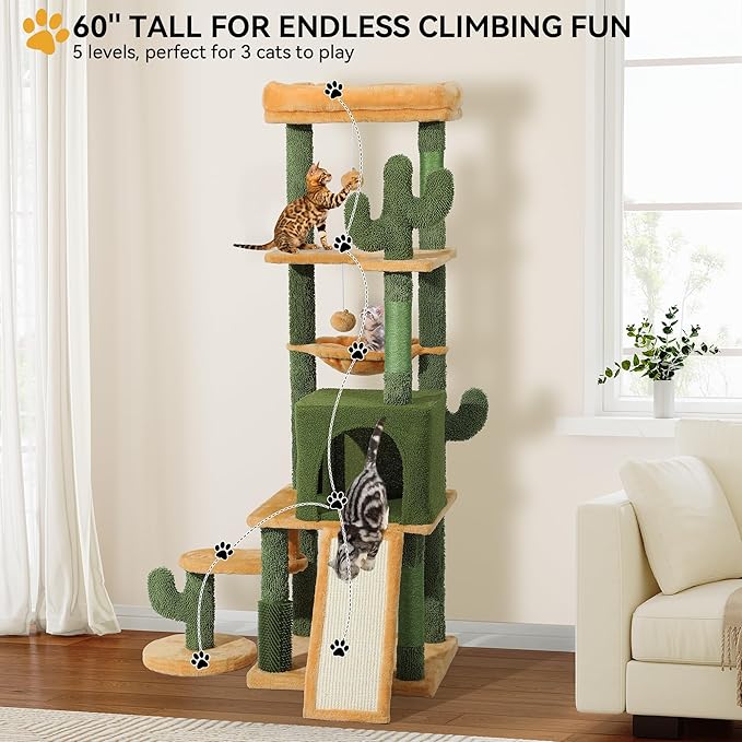 YITAHOME Tall Cactus Cat Tree Tower with Self-Grooming Brush, 60in Cute Cat Climbing Tower for Indoor Cats with Cat Condo, Top Perch, Basktet, Sisal Scratching Posts and Board,Toy Balls