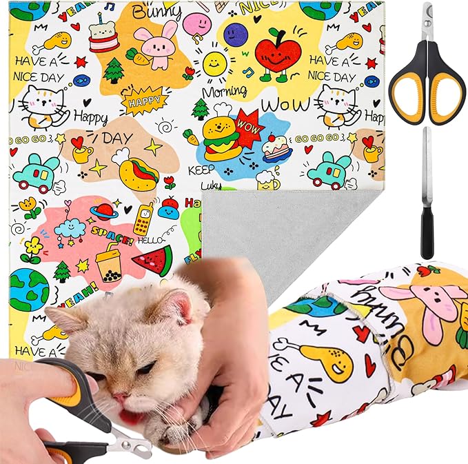 AIERSA Cat Wrap for Cutting Nails and Grooming, Cat Restraint Wrap for Nail Clipping, Self-Adhesive Fabric Cat Swaddle Burrito Wrap for Nail Trimming, Cat Grooming Supplies