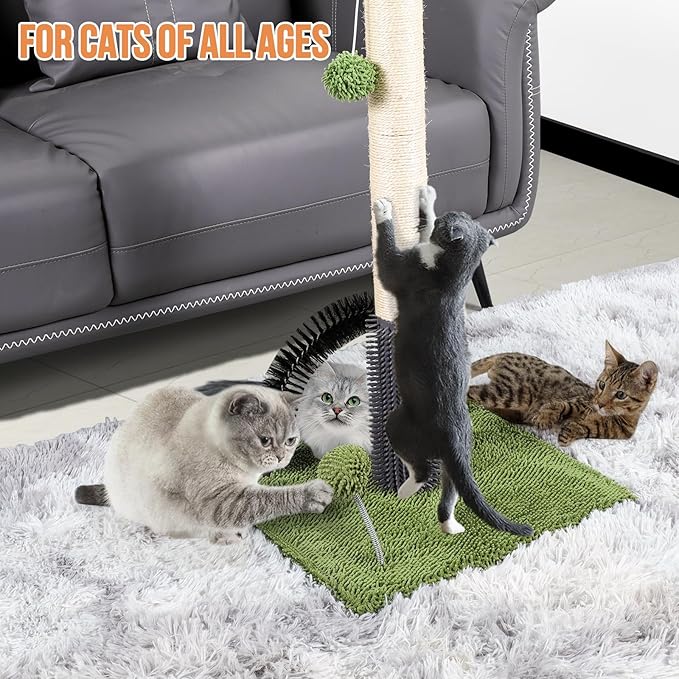 Topmart 29.5” Tall Cat Scratching Post for Large Indoor Cats, Sisal Scratching Post with Self Groomer and 2 Dangling Balls,Green