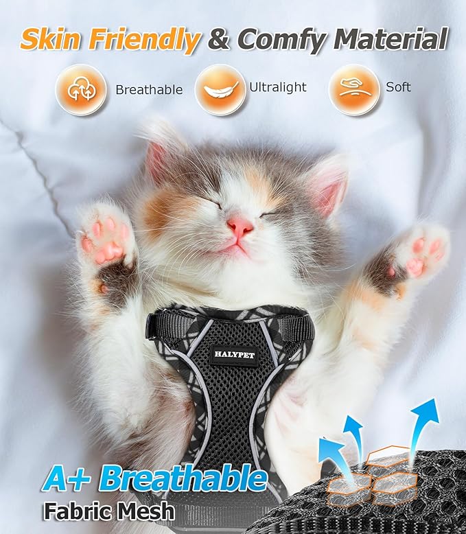 Halypet Cat Harness and Leash Set [H500 Pro Escape Proof Cat Harness for Walking, Adjustable Breathable Soft Travel Cat Leash, Reflective Strips Kitten Harness