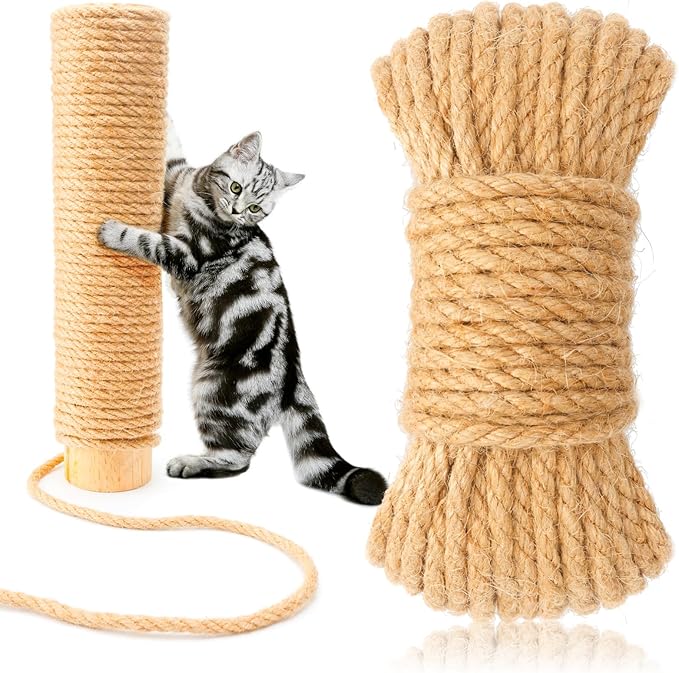 Cat Scratcher Replacement Rope - KDAOQN 1/4 inch Natural Hemp Rope, Rope for Cat Scratching Post, Cat Tower Repair Rope Cat Tree Rope Replacement, Odorless Jute Twine Rope (66FT)