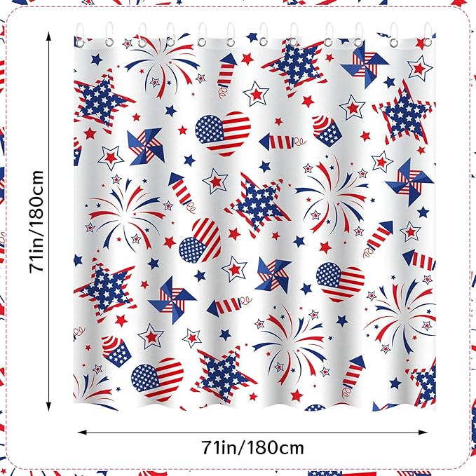 4th of July Waterproof Shower Curtain Set - Standard 71 x 71 inch, American Star Fireworks Independence Day Waterproof Fabric Shower Curtain with 12 Hooks, Bathroom Accessories, 1 Panel