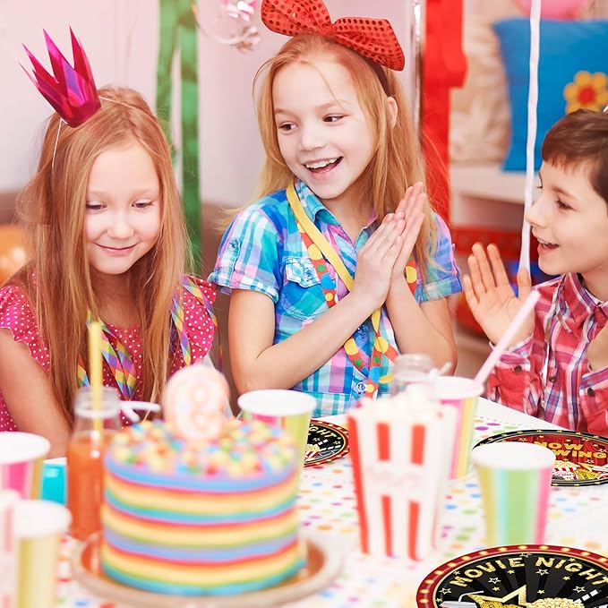 96 Pcs Movie Night Birthday Party Plates Napkins Forks Supplies Paper Tableware Set Disposable Table Movie Night Theme Snack Decoration for 24 Guests