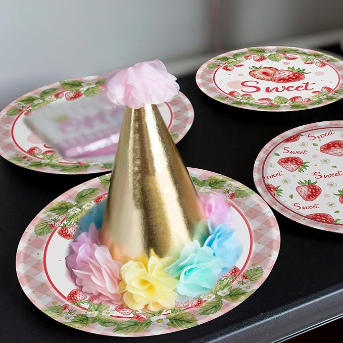 96 Pcs Strawberry Plates and Napkins Party Supplies, Disposable Forks Summer Fruit Paper Dessert Tableware Decorations Birthday Table Dinnerware Favors Set, Serves 24