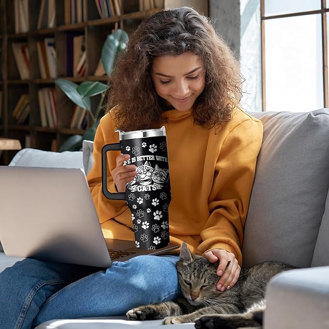 40 Oz Black Cat Tumbler With Handle and Straw, Double Wall Stainless Steel Insulated Mug for Cat Lovers, Mom or Dad - Cups Gifts for Women