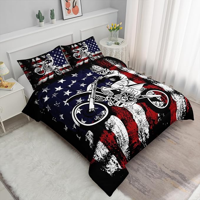 Axolotl Dirt Bike Comforter Set Queen,American Flag Bedding Set,Motocross Comforter Set,White Red Stripes Stars Comforter Set,Motorcycle Racer Comforter for Boys Kids Teens Men,1 Quilt 2 Pillowcases